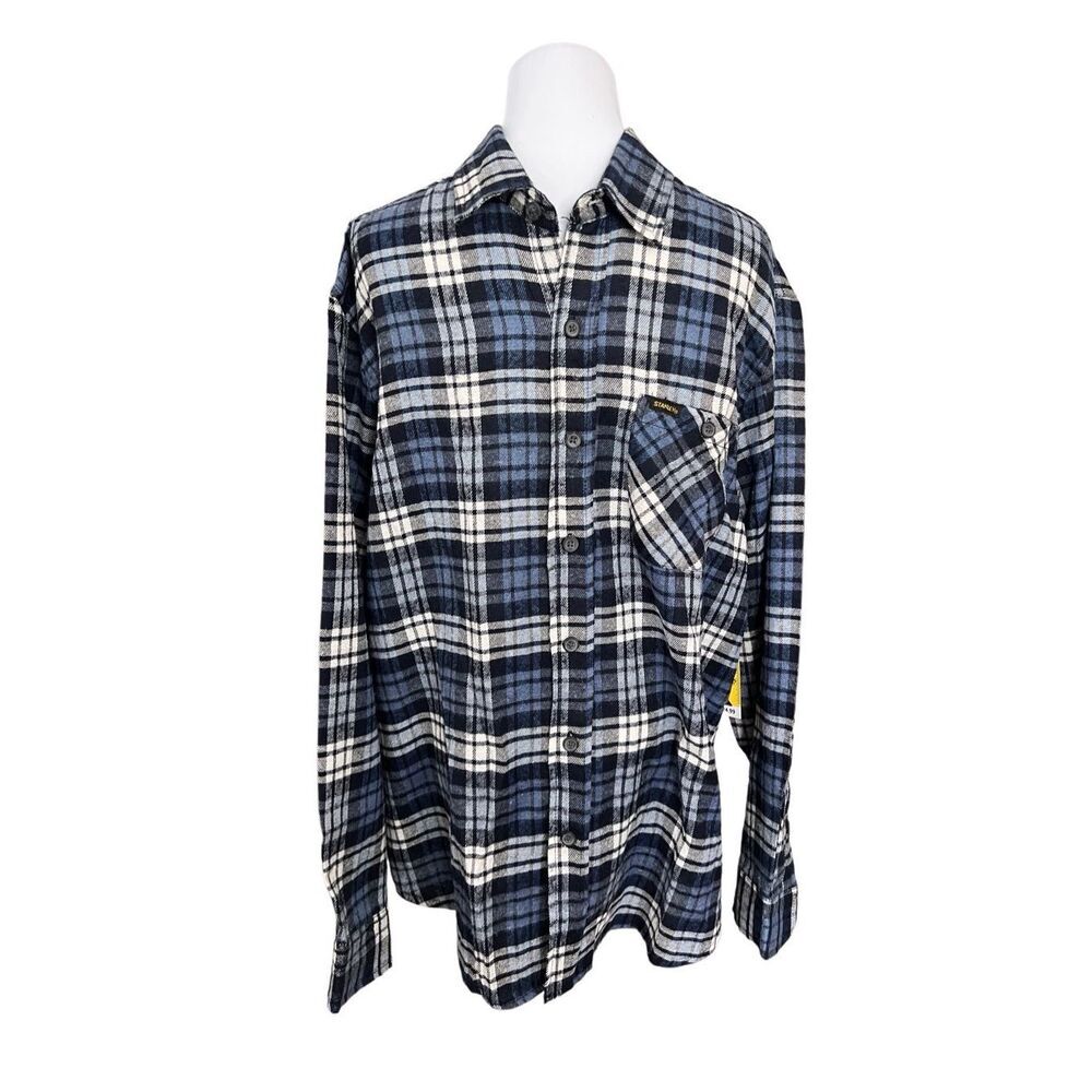 Stanley Workwear Flannel Button‎ Up Blue Plaid Shirt LARGE 36" Sleeve NWT